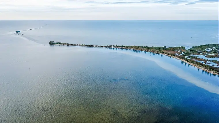 Aerial view of the turquoise Gulf flats off Hernando Beach